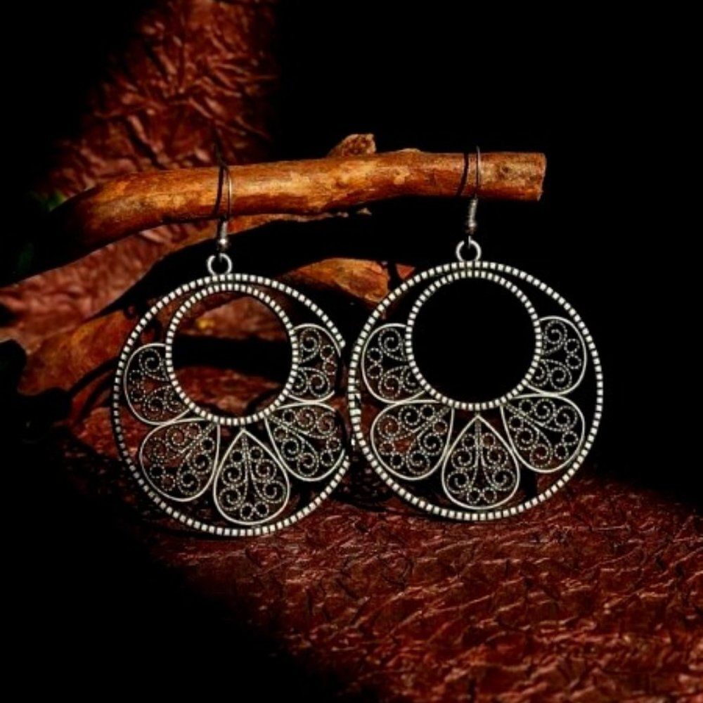 GUN METAL ROUND BOHEMIAN EARRINGS